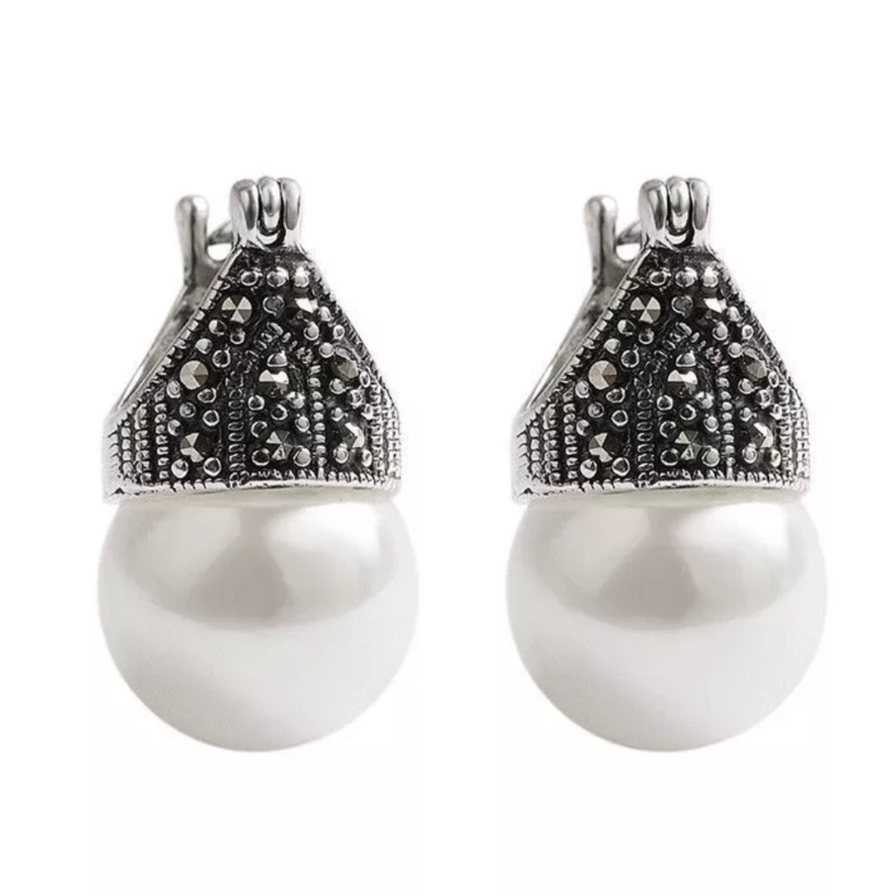 Natural white shell pearl and marcasite earrings